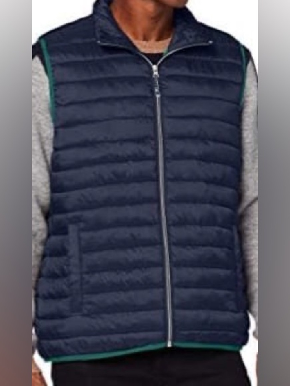 Izod Quilted Navy Zip-Front Puffer Vest with Green Trim